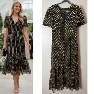 RHODE DRESS 14 BLACK GOLD POLKA DOT MIDI RUFFLE COQUETTE WEDDING GUEST MILKMAID